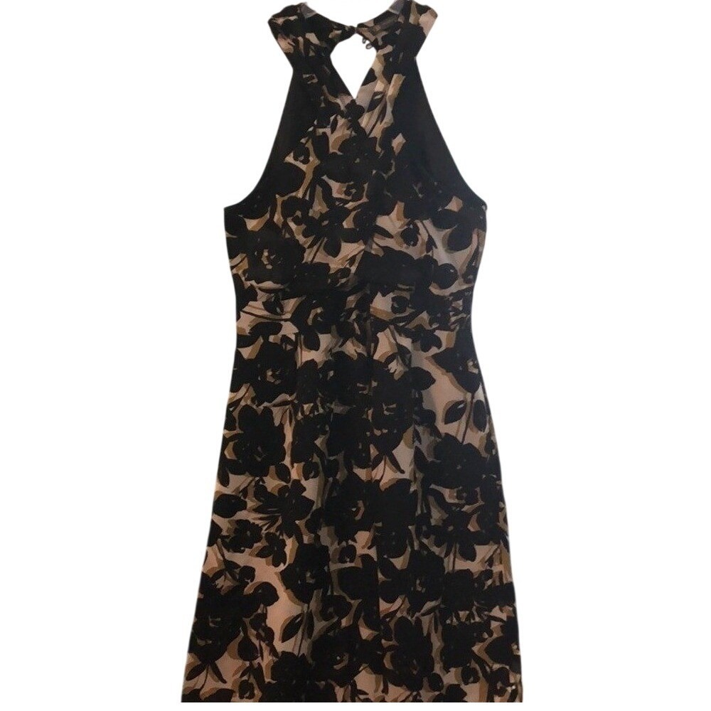 OUTBACK RED Floral Halter‎ Neck Knee Length Dress Women's Black Tan White Size 8